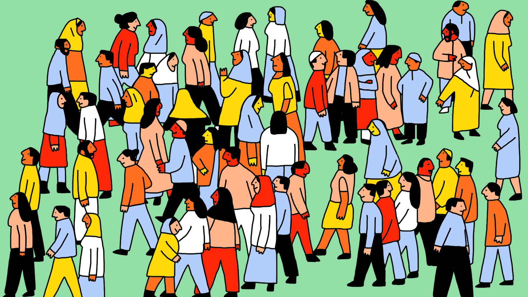 L'image représente un grand groupe de personnes de différentes tailles, formes et vêtements, évoluant dans un environnement coloré. Elles se déplacent dans diverses directions sur un fond vert. Les personnages sont dessinés dans un style graphique simple et accrocheur, avec des couleurs vives. Certaines personnes portent des vêtements traditionnels, tandis que d'autres affichent un style plus moderne. Cette scène évoque une atmosphère dynamique et animée, illustrant la diversité et l'interaction sociale.