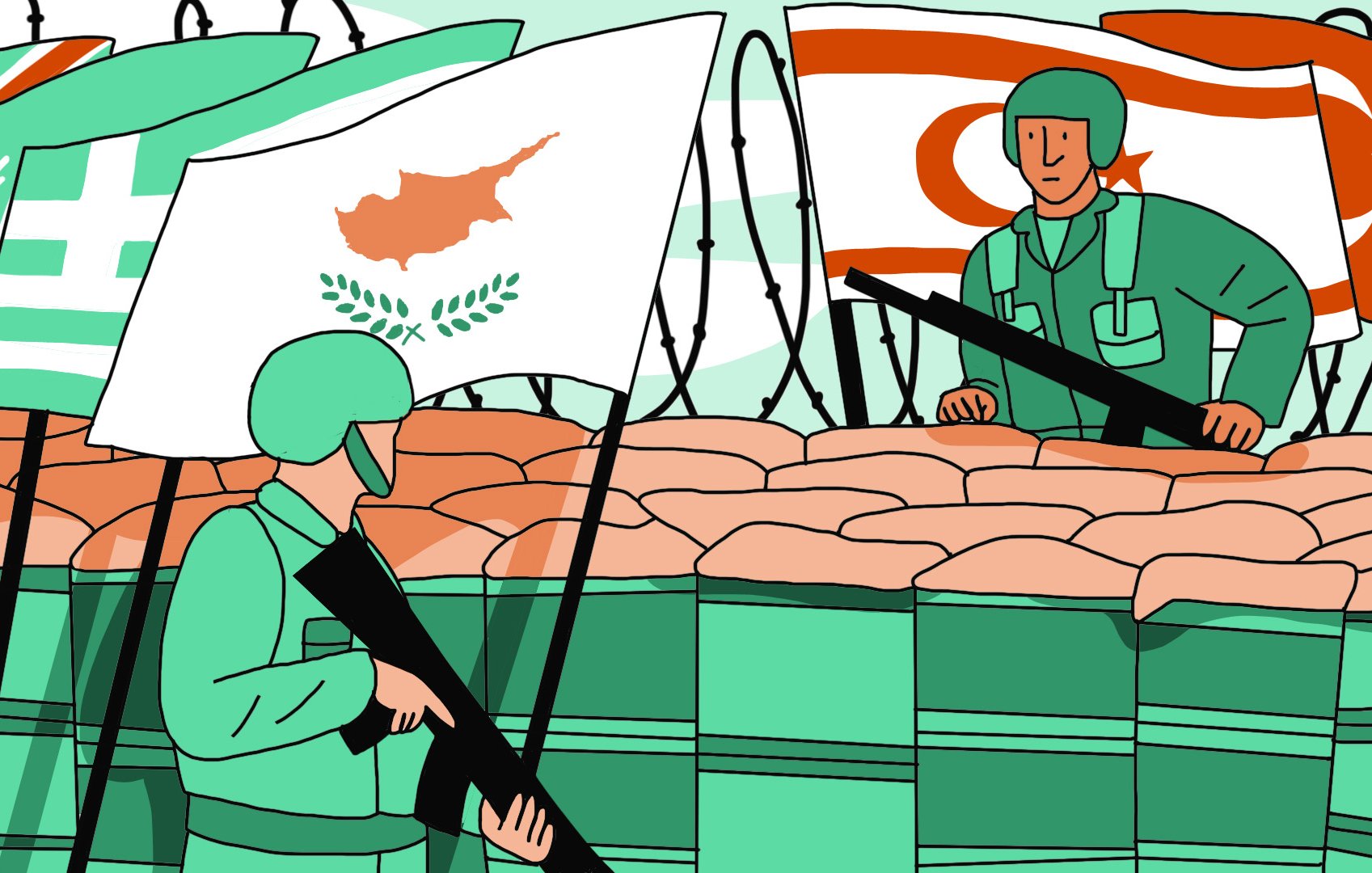 L'image représente une scène de tension militaire, où deux soldats portent des uniformes verts et se tiennent près d'une barricade de sacs de sable. En arrière-plan, on peut voir plusieurs drapeaux : celui de Chypre, ainsi que les drapeaux turc et nord-chypriote. Le décor évoque un contexte de conflit ou de séparation, symbolisé par la présence de barbelés. Les soldats semblent observer l'environnement, ce qui ajoute une dimension de vigilance et de confrontation à la scène.