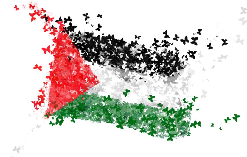 L'image représente une interprétation stylisée du drapeau palestinien, constitué de motifs de papillons colorés. Les couleurs du drapeau – rouge, noir, vert et blanc – sont évoquées à travers les papillons qui semblent s'envoler, créant un effet dynamique et poétique. La composition donne une impression de mouvement et de légèreté, symbolisant peut-être l'espoir et la liberté.