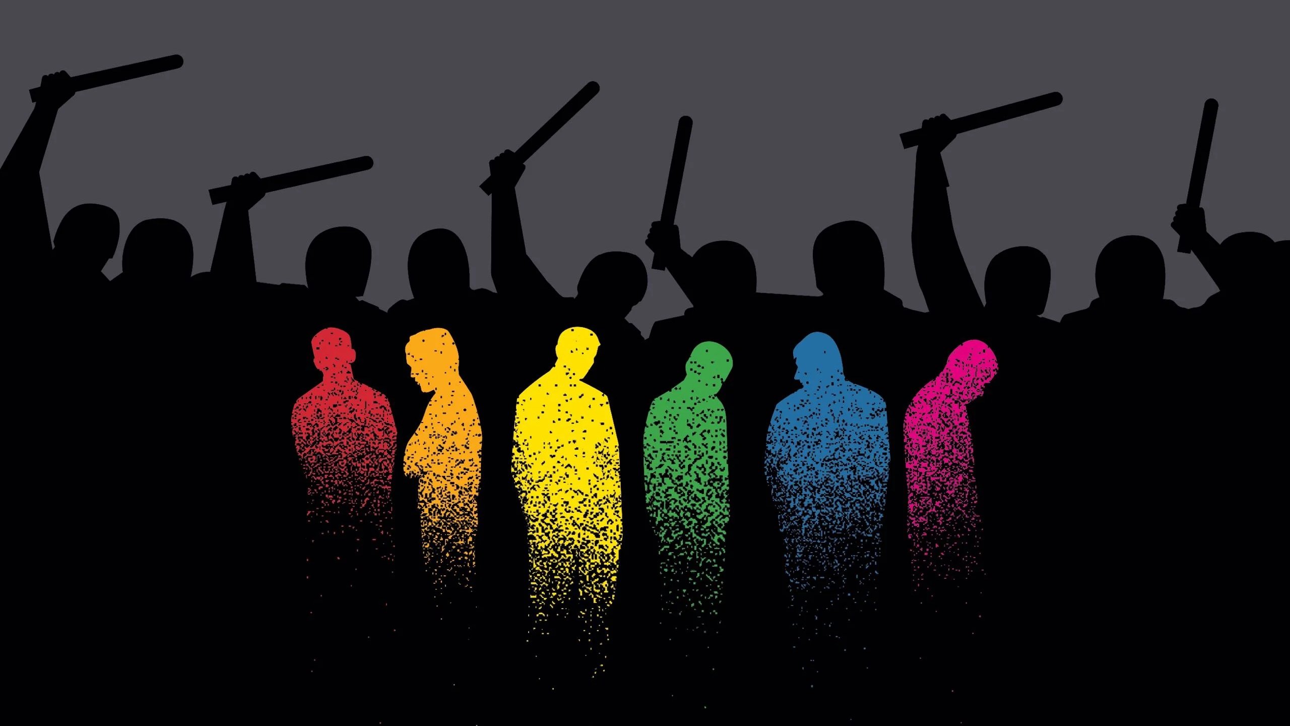 L'image représente une scène avec des silhouettes humaines. À l'arrière-plan, plusieurs figures se tiennent en position haute, brandissant des bâtons, semblant agressives. Au premier plan, il y a un groupe de silhouettes en couleurs dégradées, allant du jaune à l'orange, puis au bleu et au rose. Ces contrastes de couleurs suggèrent une représentation dynamique et visuellement frappante. La composition évoque des thèmes de tension, de conflit ou de résistance. Le fond est sombre, ce qui accentue les silhouettes colorées.