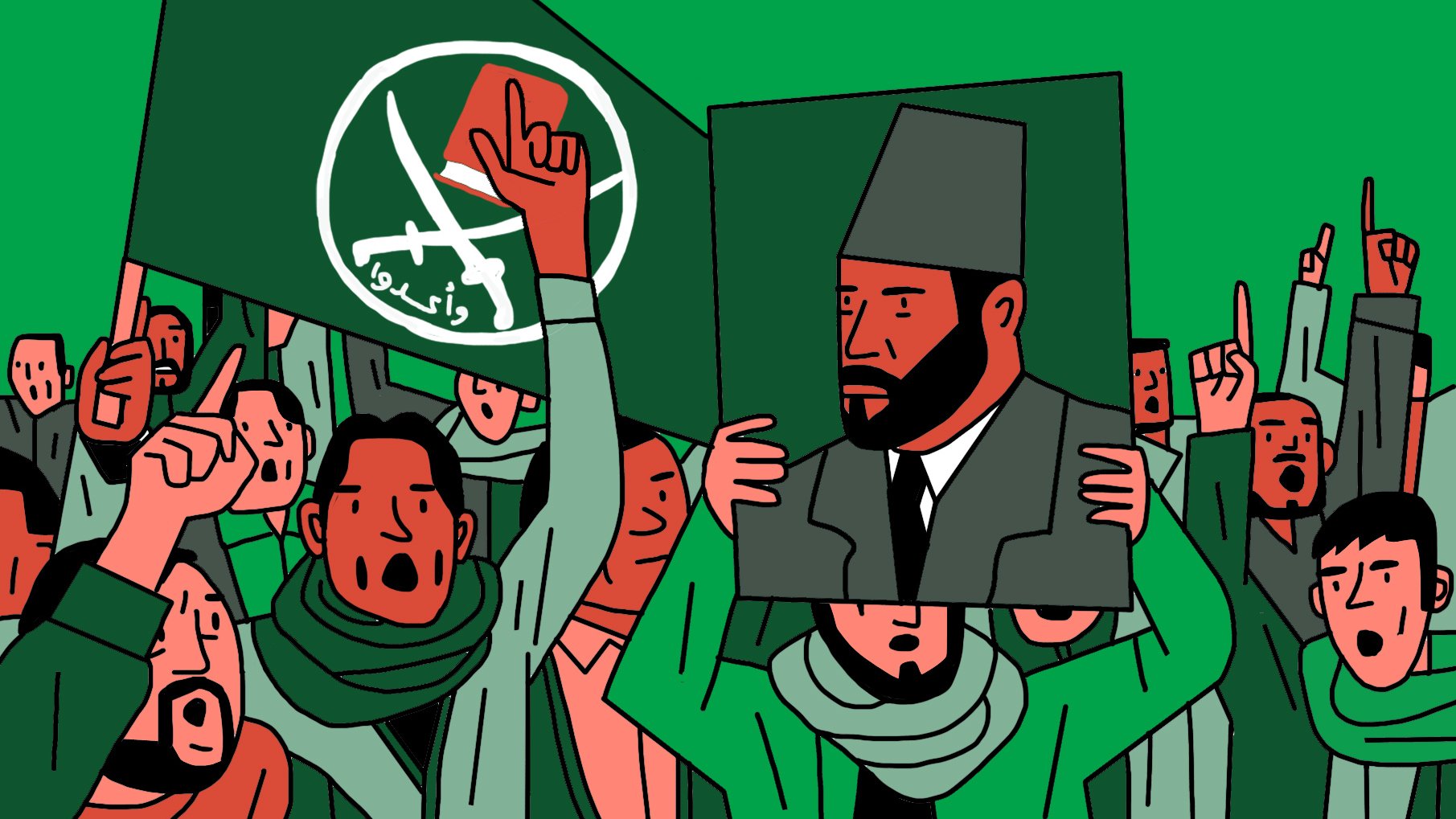 L'image montre une foule de manifestants brandissant des drapeaux et des pancartes. Les personnes sont vêtues de vêtements similaires, avec des écharpes autour du cou. Certains lèvent le poing en l'air, exprimant leur enthousiasme ou leur soutien. Au centre, un individu tient un portrait d'une figure masculine portant un chapeau traditionnel. Le fond est vert, ce qui renforce l'ambiance de la manifestation. Les motifs sur les drapeaux et le signe sur le portrait indiquent une forte identification à une idéologie ou un mouvement particulier.