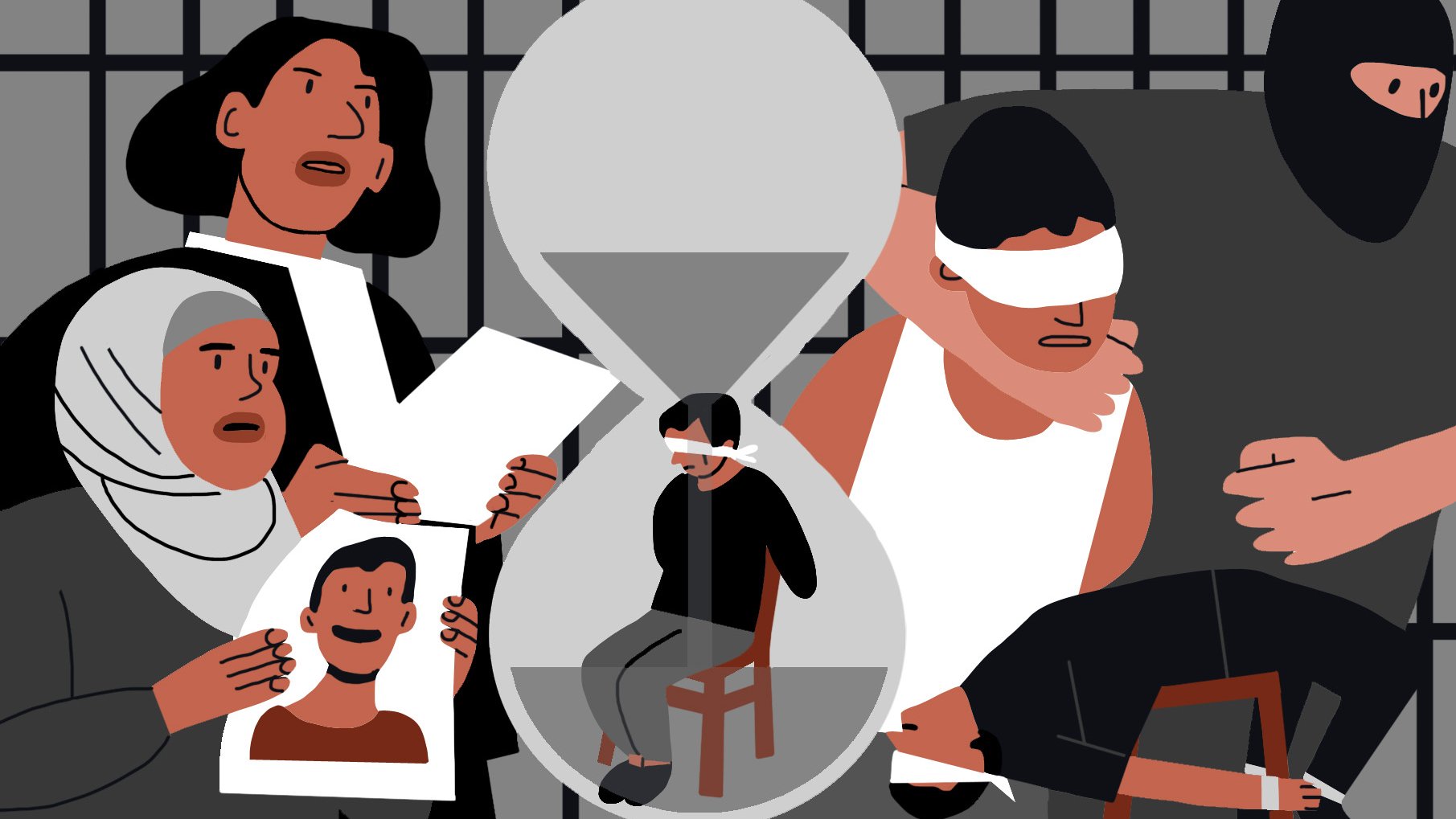 L'image représente un décor sombre et symbolique qui évoque des thèmes de détention et de souffrance. Au centre, un sablier accentue l'idée du temps qui passe, entouré de diverses figures humaines. À gauche, on voit une femme avec un hijab tenant une photo, visiblement préoccupée. À droite, un homme masqué semble exercer une forme de contrôle ou de intimidation sur un autre homme, dont les yeux sont bandés. L'ensemble transmet un sentiment d'angoisse et de désespoir face à des situations d'injustice et de torture.