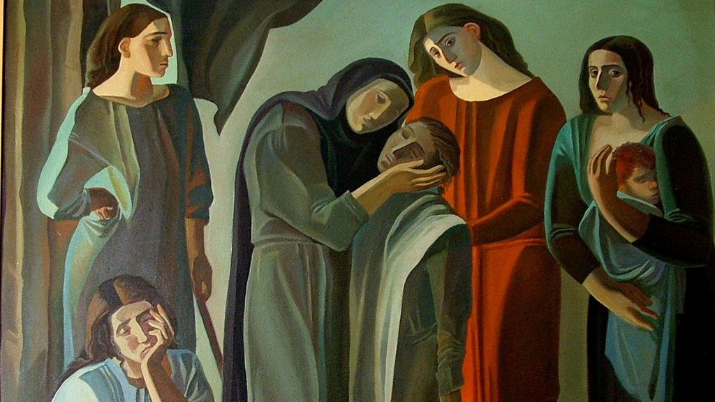 Cette image représente un groupe de femmes dans une scène émotive. Elles sont disposées de manière à créer une dynamique forte. Au centre, une femme en deuil semble consoler une autre, tandis qu'une troisième femme, habillée de rouge, observe la scène avec compassion. D'autres figures, dont une tient un enfant, ajoutent à l'atmosphère de tristesse et de solidarité. Les couleurs sont plutôt sombres et les expressions des visages transmettent des sentiments profonds de chagrin et de réconfort. L'ensemble dégage une forte impression de soutien émotionnel dans un moment difficile.