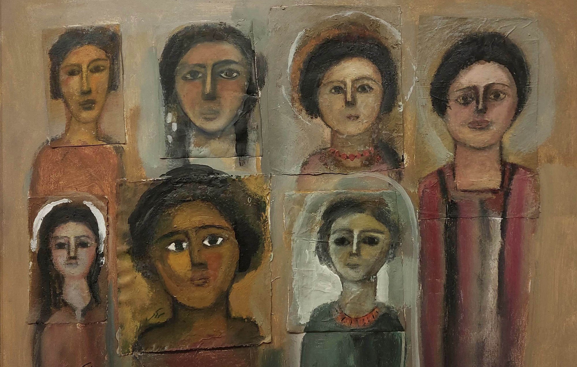 Huit visages de femmes, aux expressions variées, entourés de couleurs chaudes.