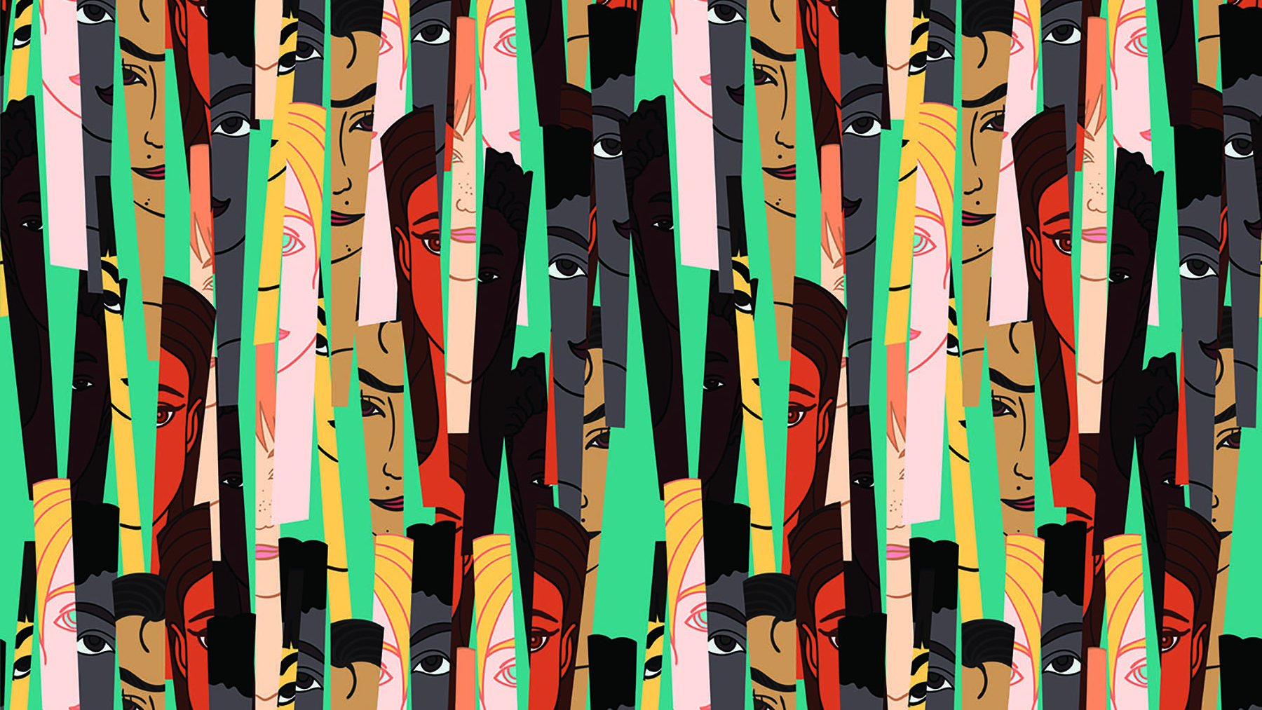 L'image présente un motif vibrant et coloré, composé de visages stylisés et abstraits. Les têtes de différentes couleurs et expressions sont disposées de manière répétitive, créant une texture visuelle intéressante. Les teintes variées, allant des rouges aux jaunes et verts, apportent une dynamique à l'ensemble, tandis que les traits des visages rendent cette composition à la fois captivante et artistique. Les éléments graphiques donnent une impression de mouvement et d'énergie.