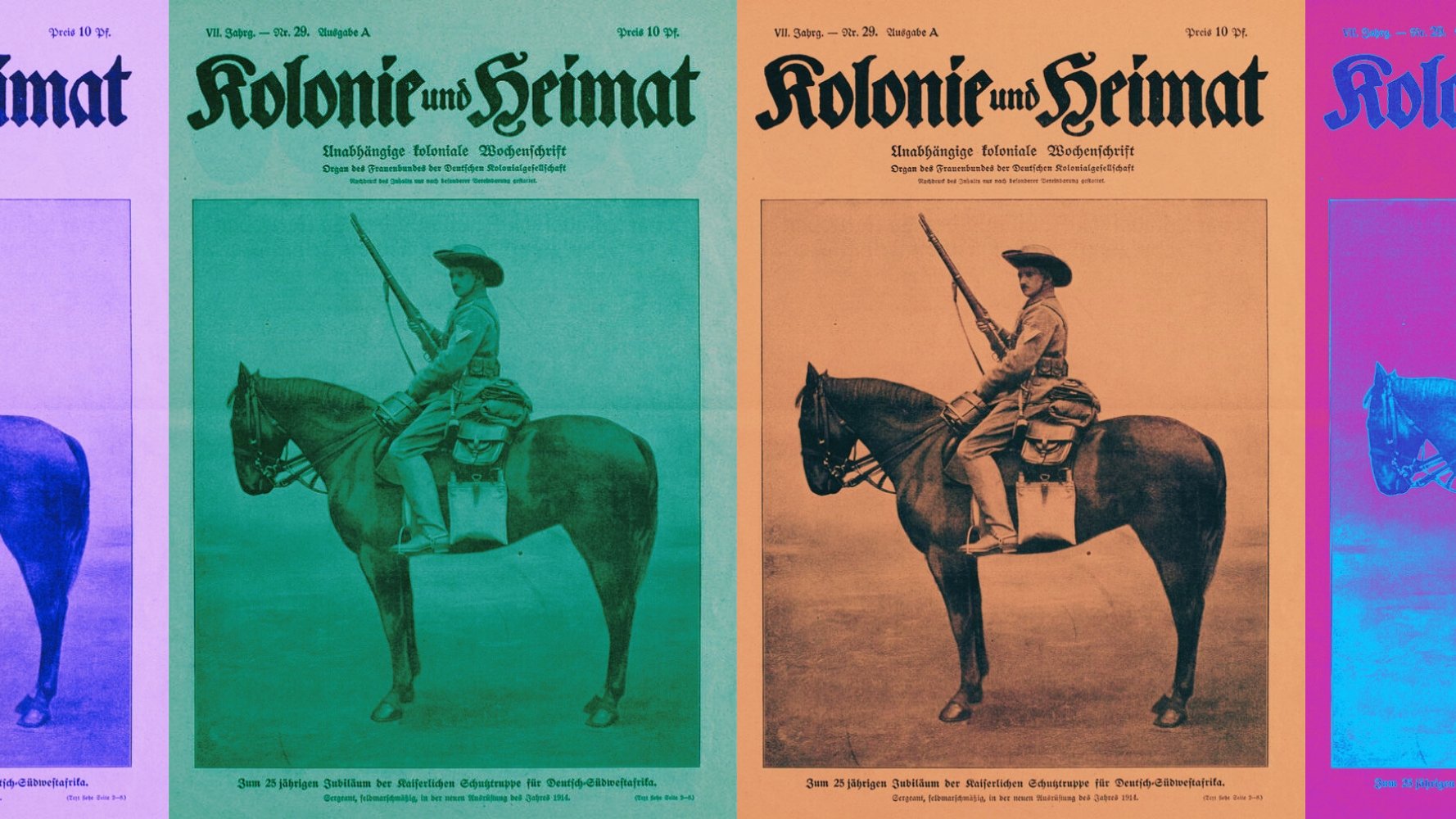 L'image présente une série de couvertures d'un magazine intitulé "Kolonie und Heimat". Chaque couverture montre un cavalier avec un fusil, debout sur un cheval. Les couleurs des couvertures varient, créant un effet visuel intéressant. On peut voir des teintes allant du bleu au vert, en passant par des coloris plus chauds. Le style est typique des impressions du début du XXe siècle, avec un accent sur le thème colonial.