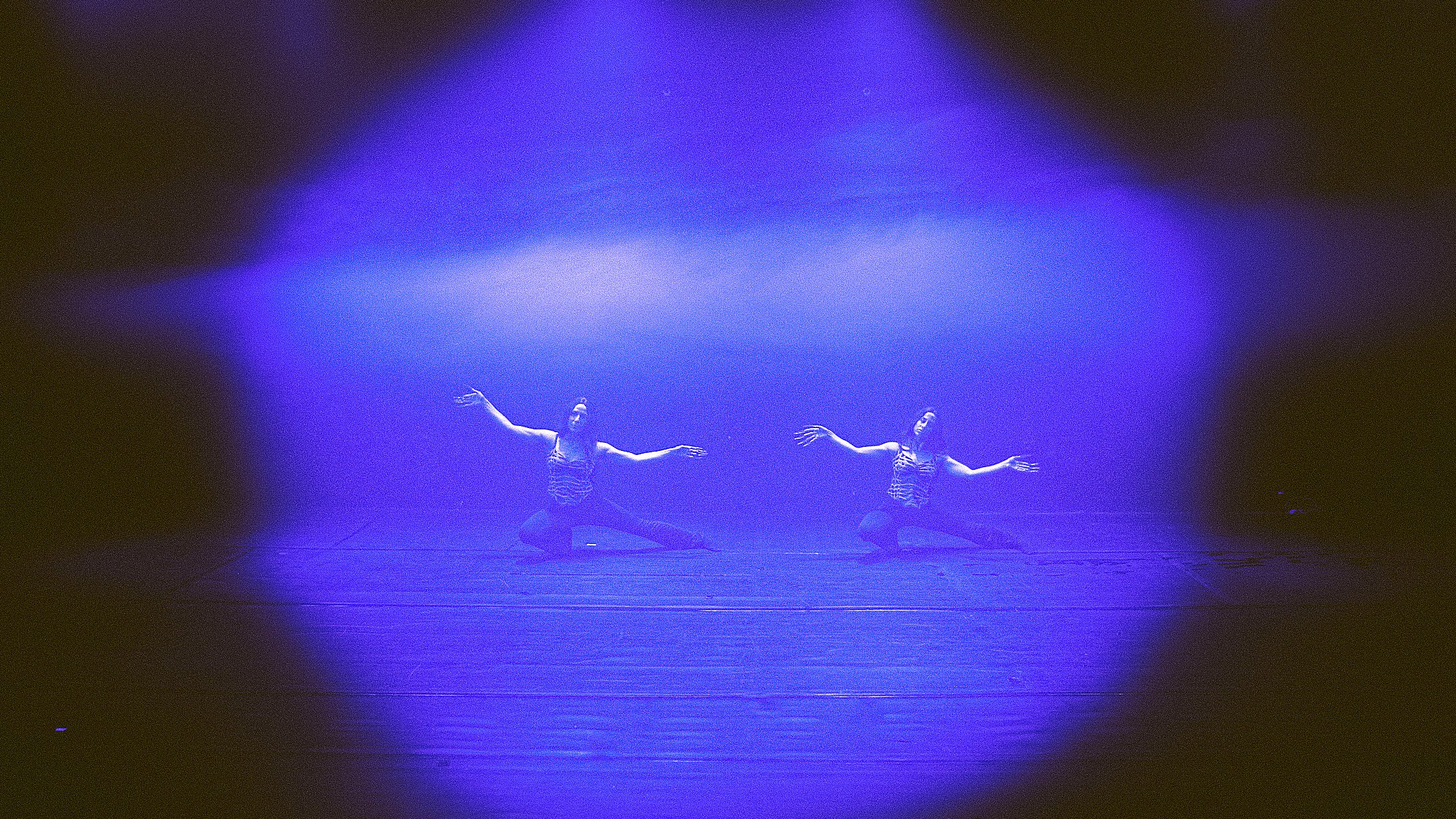L'image montre deux danseurs sur scène, éclairés par des lumières bleues et violettes. Ils semblent en pleine performance, avec des mouvements expressifs et gracieuses, se trouvant dans un environnement sombre. La lumière crée une atmosphère dramatique, mettant en avant leur gestuelle et l'intensité de leur performance. Le décor est simple, ce qui permet aux danseurs de captiver toute l'attention.