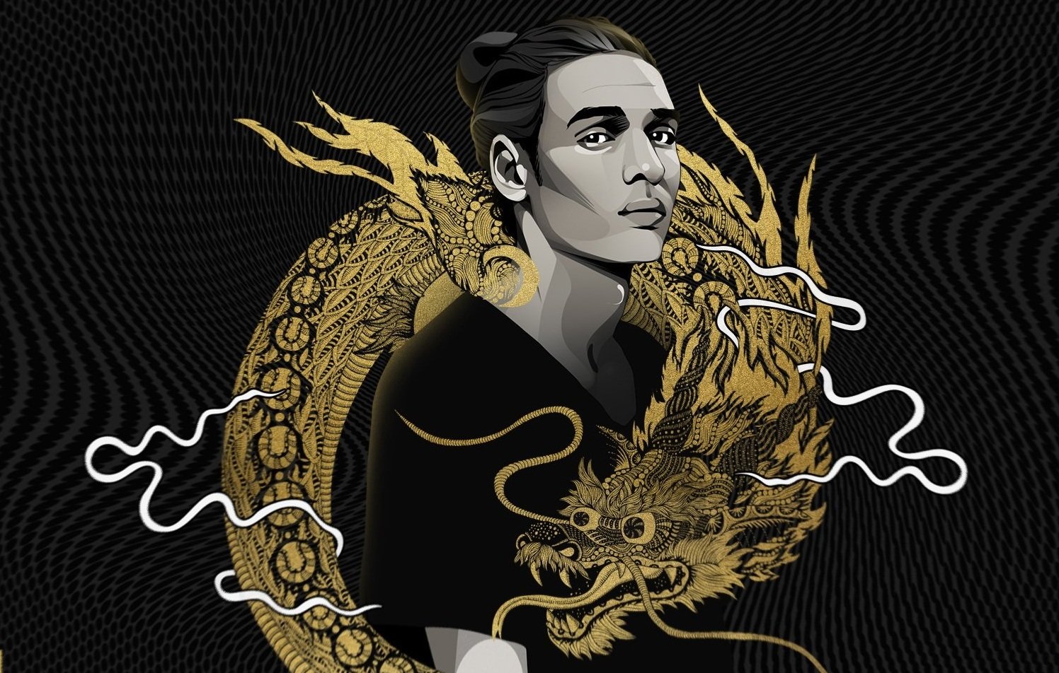 L'image montre un jeune homme avec un regard sérieux, représenté dans un style artistique moderne. Il porte un t-shirt noir et a les cheveux tirés en arrière. En arrière-plan, on voit un dragon doré stylisé qui évoque une atmosphère dynamique et mystique. Le fond est noir avec des motifs ondulés, ce qui crée un contraste saisissant avec la couleur dorée du dragon. L'ensemble de l'image dégage une impression de force et de mystère.