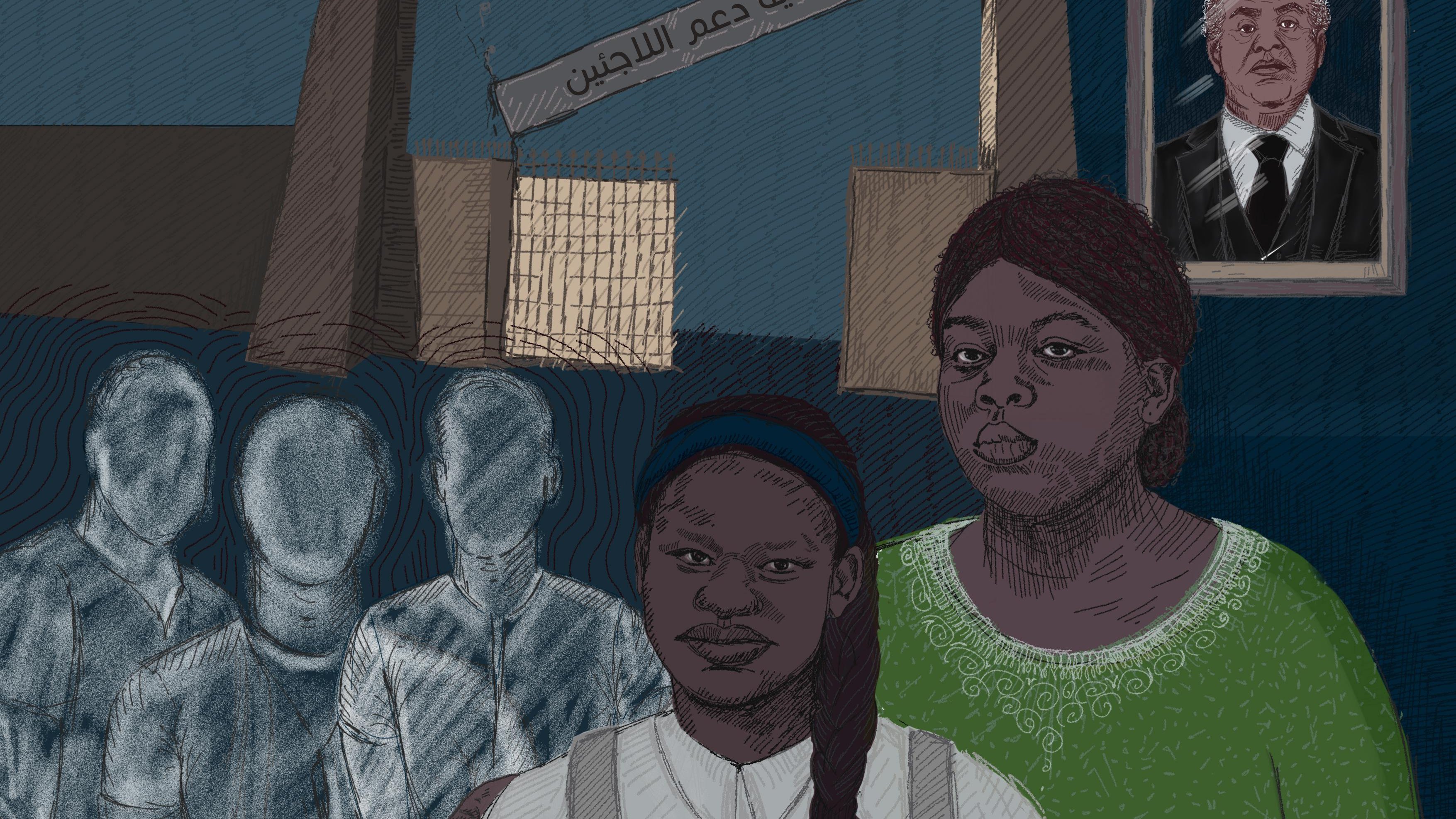 L'image montre deux femmes, l'une portant une chemise blanche et l'autre un pull vert, partageant un moment de solidarité. En arrière-plan, on voit des silhouettes floues qui semblent représenter des personnes en attente, tandis qu'une grande affiche indique "جمعية دعم اللاجئين" (Association de soutien aux réfugiés). Au-dessus, un portrait d'un homme, probablement une figure importante, est accroché au mur. Les couleurs de l'image et les expressions des femmes transmettent une atmosphère de courage et de soutien dans un contexte difficile.