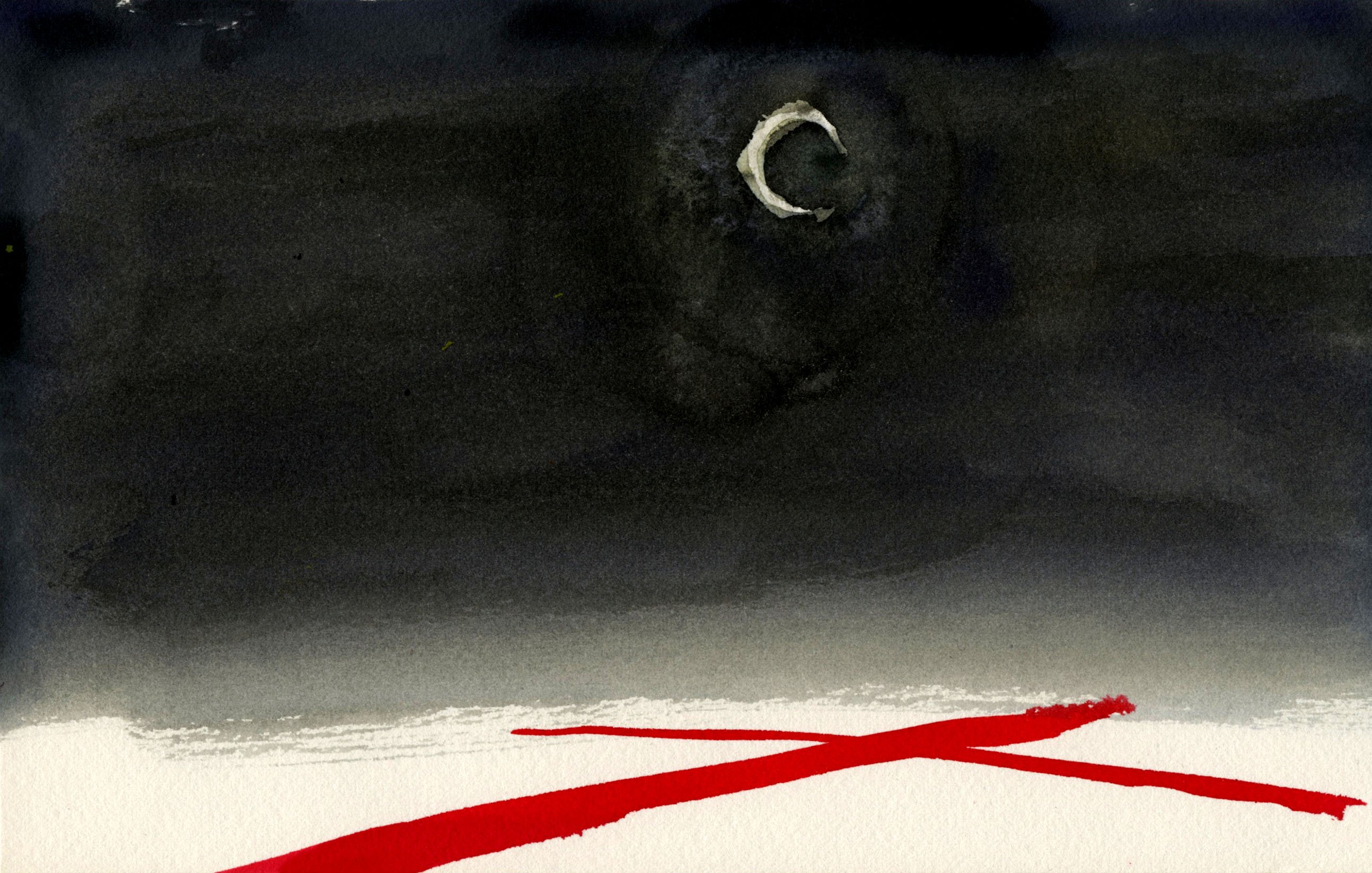 L'image présente un fond sombre, presque noir, avec une légère nuance de gris. Au centre, on peut voir une lune en croissant, qui apporte une touche lumineuse à la scène nocturne. En bas de l'image, deux lignes rouges croisées traversent le blanc, créant un contraste saisissant avec le reste des couleurs. L'ensemble dégage une atmosphère mystérieuse et dramatique.