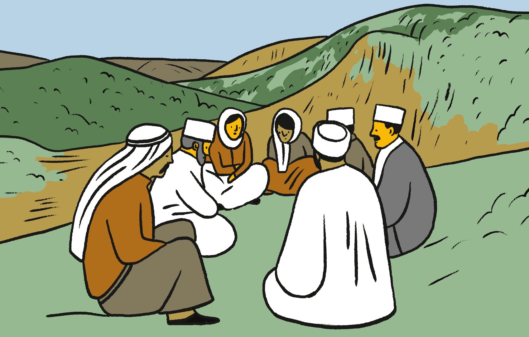 L'image représente un groupe de personnes assises en cercle sur un terrain verdoyant. Elles semblent engagées dans une conversation ou une discussion. Les individus portent des vêtements traditionnels, avec des couvre-chefs distinctifs. En arrière-plan, on voit des collines douces et un ciel clair, créant une atmosphère paisible et conviviale.