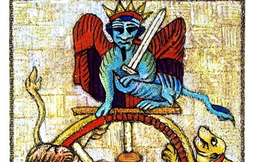 L'image représente une scène artistique symbolique. On y voit une figure bleue avec des ailes, couronnée, tenant une épée, placée au sommet d'une grande roue. Cette roue est entourée d'autres éléments, dont un lion et une sorte de personnage humanoïde. Le style semble inspiré par des motifs antiques ou médiévaux, avec des couleurs vives, telles que le rouge, le bleu et l'or. L'ensemble évoque des thèmes de pouvoir, de chance ou de destin, souvent associés aux représentations allégoriques.