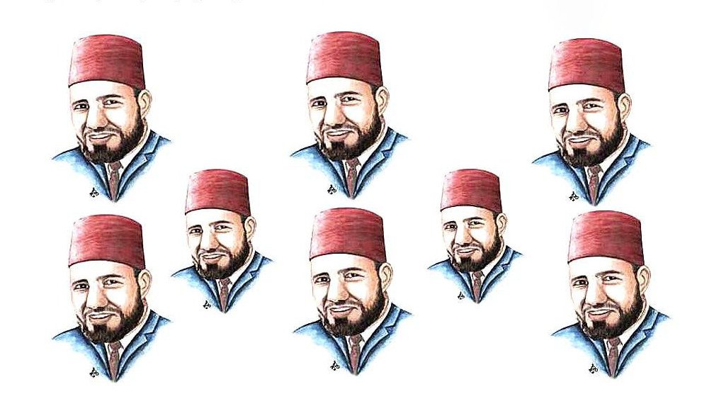 L'image montre une série de portraits identiques d'un homme portant un fez rouge. Son expression est amicale, avec un sourire. Les portraits sont arrangés en une grille de huit, créant un effet visuel répétitif. Le fond est clair, mettant en valeur les traits de l'homme et son couvre-chef traditionnel.