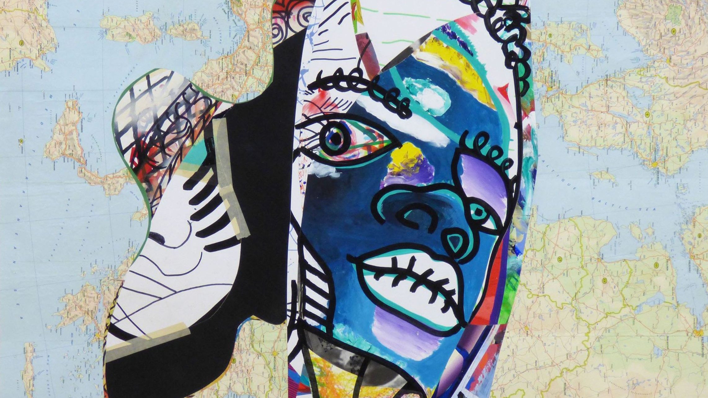Cette image présente une œuvre d'art colorée et abstraite. Elle combine des formes humaines stylisées et des motifs graphiques, avec des couleurs vives comme le bleu, le rouge, le noir et le jaune. En arrière-plan, on peut voir une carte du monde, ce qui ajoute une dimension géographique à la composition. Les traits du visage dessiné semblent expressifs, avec des lignes fluides et des éléments graphiques qui renforcent le caractère artistique de l'œuvre. L'ensemble évoque un mélange de cultures et d'identités.