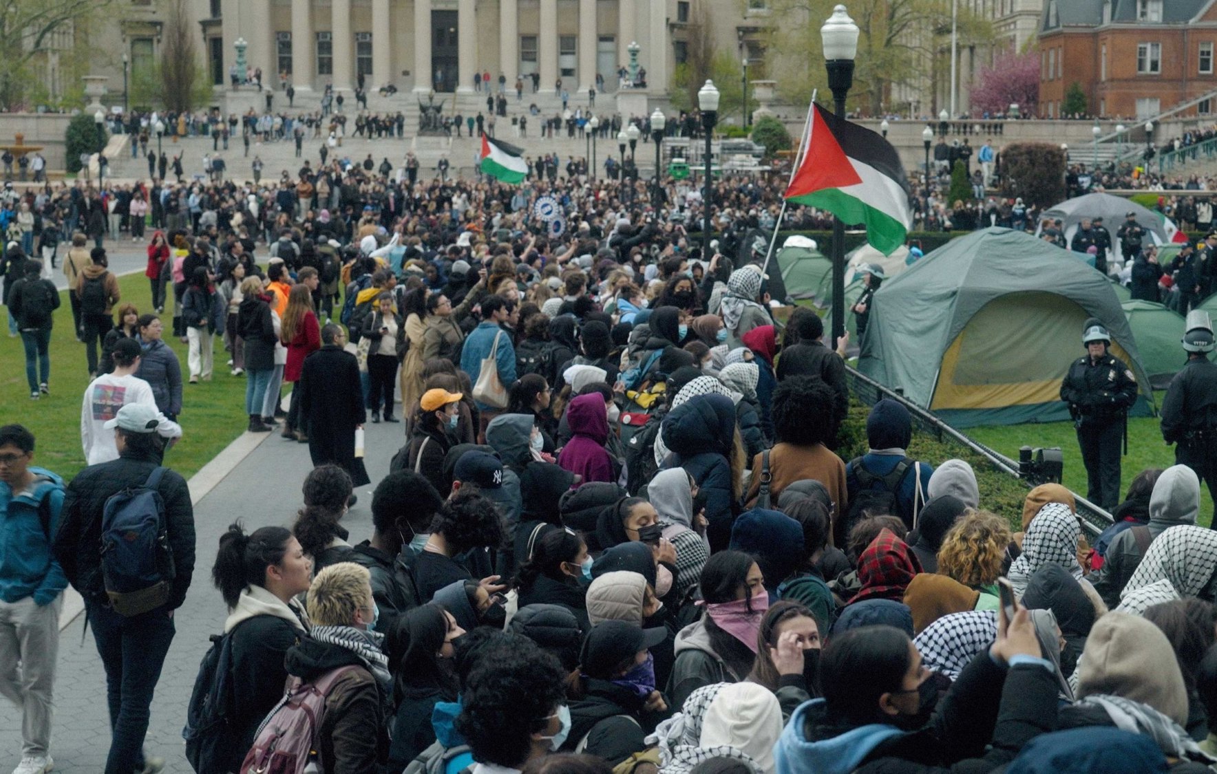 Un grand rassemblement de manifestants avec des drapeaux, dans un parc.