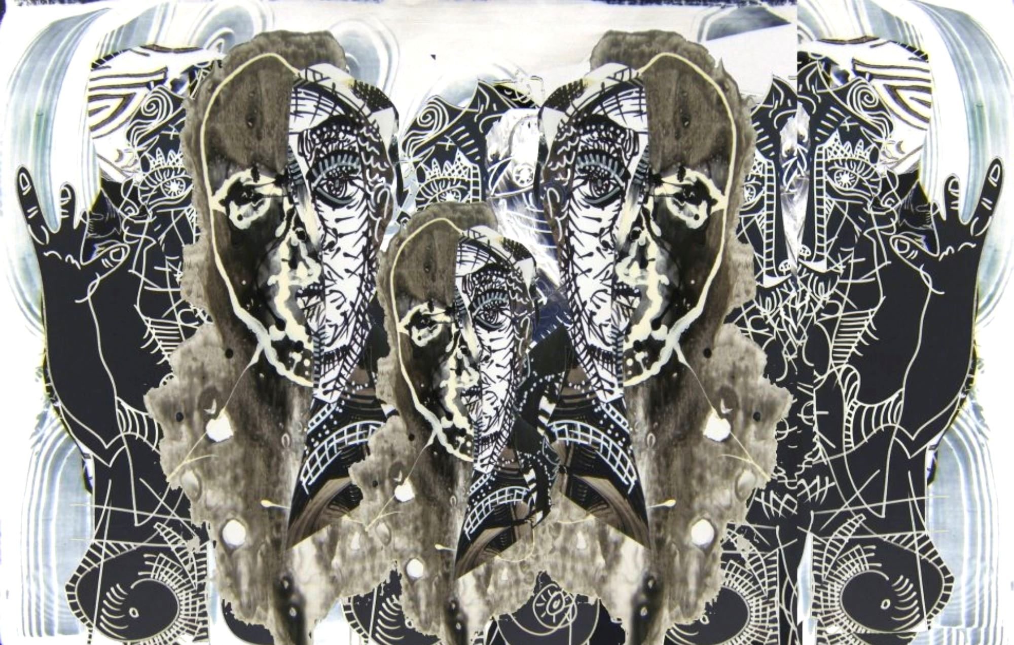 L'image présente un collage artistique complexe qui combine des éléments graphiques et des illustrations. On y voit des visages stylisés, possiblement représentations abstraites, intégrés dans une composition riche en motifs. Les visages semblent être en noir et blanc avec des détails graphiques fins, tandis que le fond joue avec des textures et des formes organiques. Des éléments comme des mains en position symbolique ajoutent une dimension de culture ou de communication. L'ensemble crée une atmosphère intrigante et visuellement captivante.