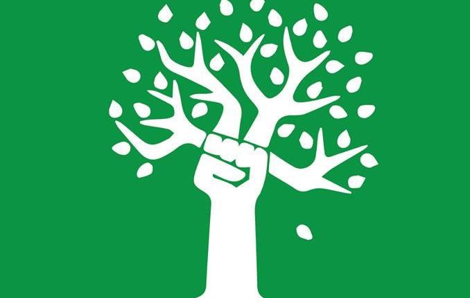 L'image présente un symbole simplifié d'un arbre dont le tronc se termine par un poing levé, ce qui évoque des thèmes de résistance et de lutte. Les branches de l'arbre sont stylisées et dispersent des feuilles, ce qui peut symboliser la vie et le mouvement. Le fond est d'un vert vif, et deux hashtags sont affichés en bas : #direngeziparki et #occupygezi, qui font référence au mouvement de protestation Gezi Park à Istanbul. L'ensemble de l'image véhicule un message d'engagement et de solidarité.
