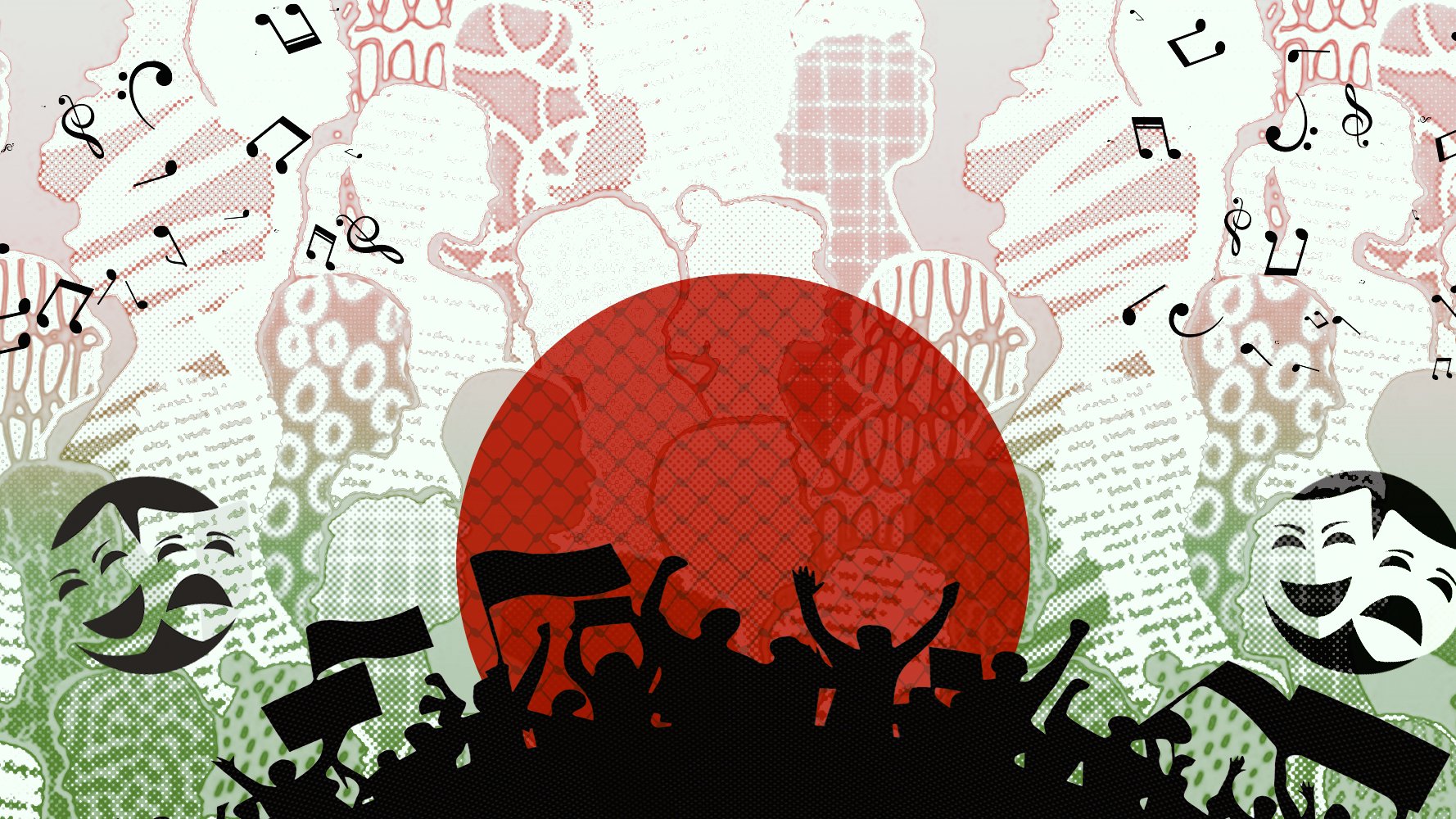 Un groupe de personnes chantant, avec un grand symbole circulaire rouge en arrière-plan.