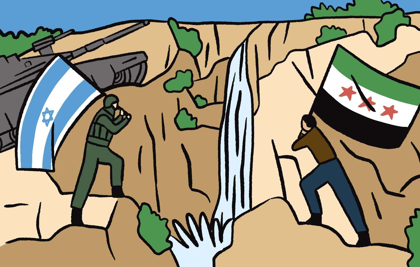 Deux hommes aux drapeaux opposés se font face, près d'une cascade. Un char est en arrière-plan.