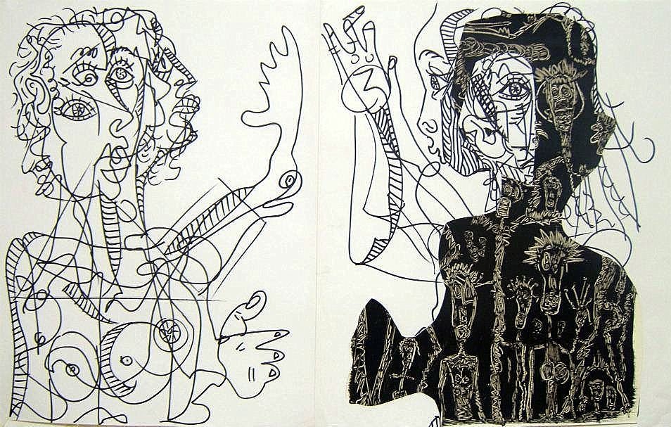 L'image présente deux figures stylisées dessinées avec des lignes noires sur fond blanc, et l'une des figures est partiellement remplie de motifs noirs. À gauche, un visage féminin aux traits abstraits se distingue, tandis qu'à droite, une autre figure stylisée semble avoir des éléments floraux ou humanoïdes autour d'elle. Les lignes sont sinueuses et fluides, créant un effet dynamique et moderne. L'ensemble évoque un style artistique contemporain, peut-être inspiré par le cubisme ou l'art linéaire.