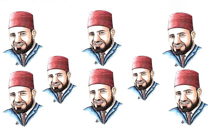 L'image montre une série de portraits identiques d'un homme portant un fez rouge. Son expression est amicale, avec un sourire. Les portraits sont arrangés en une grille de huit, créant un effet visuel répétitif. Le fond est clair, mettant en valeur les traits de l'homme et son couvre-chef traditionnel.