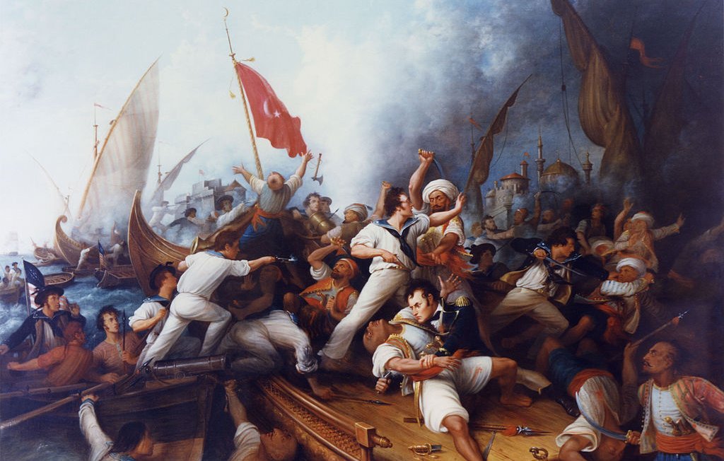 L'image représente une scène de bataille navale dynamique et dramatique. On y voit de nombreux personnages en plein combat sur des bateaux, avec des voiles déployées et des drapeaux brandis. Certains marins sont engagés dans des combats rapprochés, tandis que d'autres semblent prendre les commandes des embarcations. L'arrière-plan montre une ville fortifiée, suggérant un conflit maritime intense. La palette de couleurs est riche, avec des tons de bleu et de rouge, créant une atmosphère émotionnelle et mouvementée.