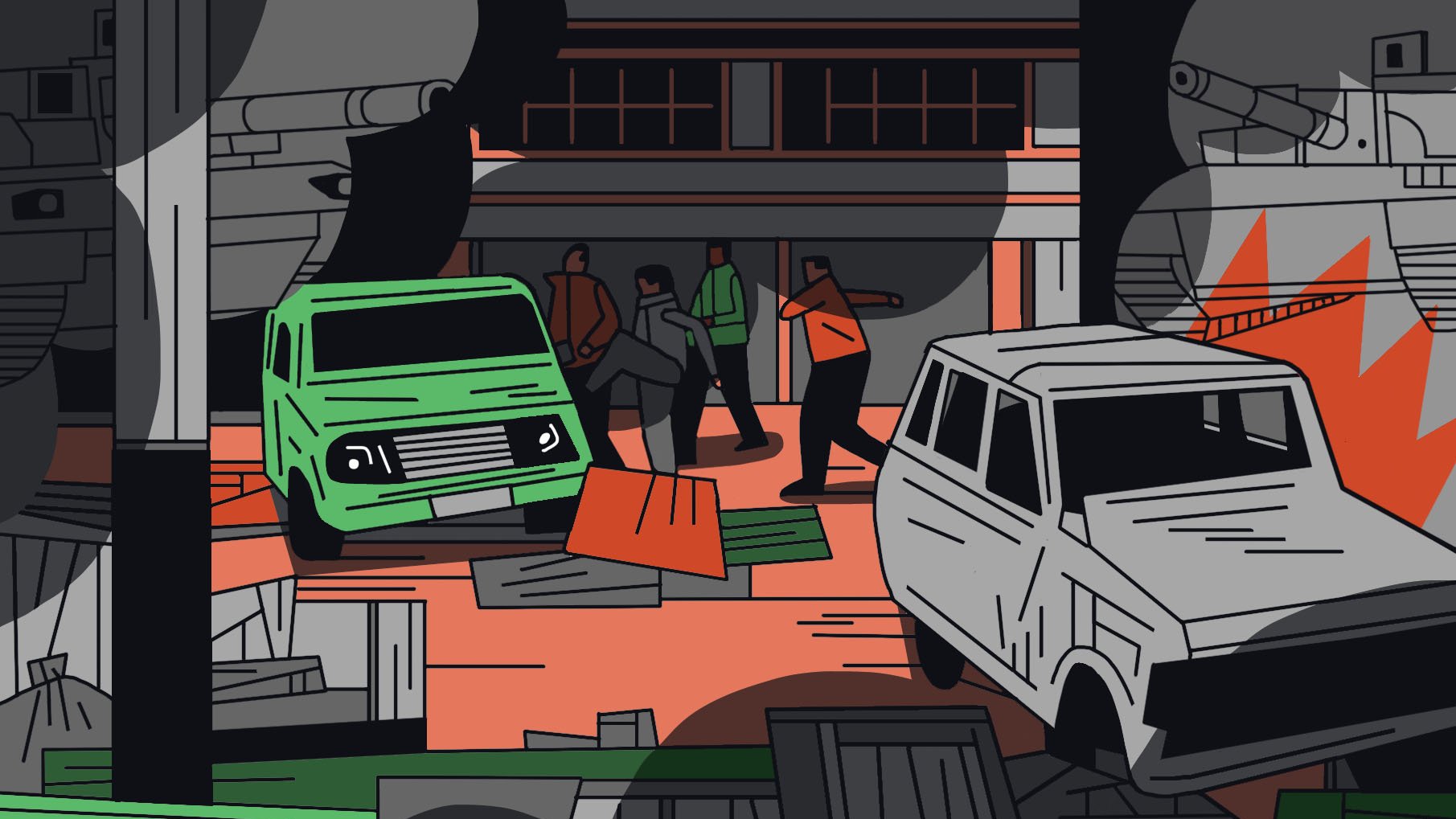 L'image représente une scène dynamique et stylisée, probablement dans un environnement urbain chaotique. On y voit des véhicules, dont une camionnette verte et une voiture blanche, abandonnés et entourés de débris. Des silhouettes humaines se déplacent dans la scène, impliquées dans une action. L'arrière-plan suggère une atmosphère tendue, avec des éléments de destruction visible et peut-être des tanks, tandis que des couleurs vives comme le rouge et le vert contrastent avec des teintes plus sombres. L'ensemble crée une impression d'urgence et de conflit.