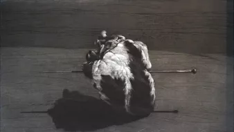 L'image représente une composition intriguante réalisée dans des tons de gris et de noir. Au centre, on voit une forme organique ou une sorte de nuage, qui semble être en mouvement ou en train de se déformer. Deux tiges verticales partent de cette forme, projetant des ombres sur le fond. L'ensemble évoque une atmosphère à la fois surréaliste et abstraite, laissant place à l'interprétation personnelle du spectateur. Le fond est texturé, ajoutant à la profondeur et à la complexité de l'œuvre.