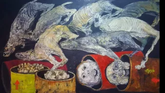 L'image représente une œuvre d'art abstraite et expressionniste, où l'on peut voir des silhouettes de chiens en mouvement, semblant courir de manière chaotique. Ils sont entourés de récipients, probablement des barils, contenant des éléments qui ressemblent à des têtes humaines et des ossements. La composition dégage une atmosphère sombre et troublante, avec des couleurs terreuses et des formes distordues, suggérant des thèmes de mort et de désespoir. Les éléments contrastent avec l'énergie du mouvement animal, créant une ambiance à la fois dynamique et dérangeante.