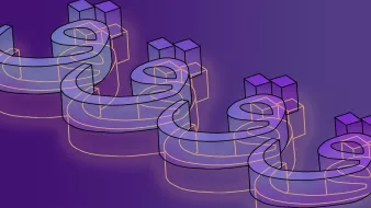 L'image présente une composition graphique avec des formes en 3D stylisées, formant une série de courbes et de structures géométriques. Les éléments ont une apparence translucide avec des contours lumineux, créant un effet de profondeur. Le fond est d'une teinte violette dégradée, ajoutant une ambiance dynamique à l'ensemble. Les formes semblent évoquer un motif répétitif et fluide, ce qui renforce une impression de mouvement.