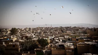 L'image présente un paysage urbain d'une ville avec de nombreuses maisons aux toits en désordre. Les bâtiments semblent en pierre ou en béton, et il y a une végétation limitée, avec quelques arbres. Au-dessus de la ville, un groupe d'oiseaux vole dans un ciel clair. En arrière-plan, des collines se dessinent, ajoutant une dimension naturelle à la scène. L'atmosphère parait à la fois calme et rurale.