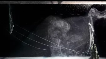 L'image montre une scène abstraite qui pourrait représenter un paysage aquatique ou une œuvre artistique. Le fond est principalement noir, créant un contraste fort avec les éléments blancs et gris à l'intérieur. Des formes de filaments blancs semblent flotter ou être suspendus dans l'air ou l'eau. À droite, il y a une structure rocheuse semblant émerger d'une surface blanche. Des motifs tourbillonnants et des volutes de fumée ou d'une autre substance légère ajoutent à l'aspect éthéré et onirique de l'image. Les fils tendus traversant l'image à gauche ajoutent à cette impression de suspension ou de flottaison. L'ensemble de la scène donne une impression de mystère et d'abstraction.