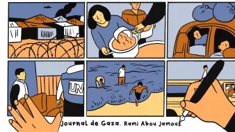 L'image représente une série de six vignettes illustrant des scènes de la vie à Gaza. On y voit des camps, des personnes qui distribuent de la nourriture, des interactions entre les habitants et des membres de l'ONU. D'autres vignettes montrent des enfants jouant sur la plage et une main qui écrit, suggérant un journal intime ou des notes sur la situation. L'ensemble évoque les défis et la résilience des habitants de Gaza.