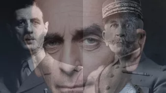 L'image présente un collage de visages, combinant des portraits d'hommes en uniformes militaires. Les visages semblent superposés, ce qui crée un effet artistique et mystérieux. L'arrière-plan est sombre, mettant en avant les expressions sérieuses des sujets, tandis que des éléments de décor militaires et des médailles sont légèrement visibles, ajoutant à l'atmosphère d'autorité et d'histoire.
