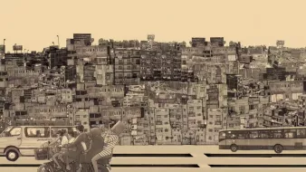 L'image représente une scène urbaine stylisée, montrant une ville dense avec de nombreux bâtiments superposés. En premier plan, on voit des personnages en mouvement, probablement des cyclistes ou des piétons, interagissant entre eux. Le fond est constitué de plusieurs étages de constructions, illustrant un paysage urbain chaotique mais vivant, avec des lignes et des formes géométriques qui se mêlent. Les couleurs sont plutôt monochromes, ce qui donne une ambiance nostalgique et artistique à l'ensemble.