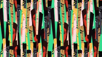 L'image présente un motif vibrant et coloré, composé de visages stylisés et abstraits. Les têtes de différentes couleurs et expressions sont disposées de manière répétitive, créant une texture visuelle intéressante. Les teintes variées, allant des rouges aux jaunes et verts, apportent une dynamique à l'ensemble, tandis que les traits des visages rendent cette composition à la fois captivante et artistique. Les éléments graphiques donnent une impression de mouvement et d'énergie.