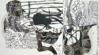 L'image présente une composition artistique abstraite, mélangeant des formes organiques et géométriques. On y trouve des éléments comme des silhouettes, des motifs en noir et blanc, ainsi que des dessins enchevêtrés qui créent une impression de mouvement et de profondeur. Les textures variées et les lignes complexes semblent interagir, évoquant une atmosphère à la fois mystérieuse et dynamique. Des éléments de la nature, comme des arbres ou des yeux stylisés, ajoutent une dimension symbolique à l'ensemble.