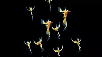 L'image présente une série de figures stylisées dans des tons jaunes et oranges, donnant l'impression d'êtres en mouvement. Ces formes ressemblent à des danseurs ou des créatures aériennes qui apparaissent en contraste sur un fond noir, ce qui crée une atmosphère dynamique et légère. Les figures semblent flotter ou s'élever, capturant une sensation de liberté et de grâce.