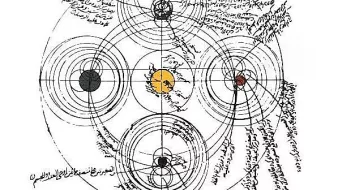 L'image que vous avez partagée semble représenter un diagramme circulaire complexe, probablement lié à des concepts scientifiques ou philosophiques. Au centre, on peut voir des cercles concentriques de différentes couleurs, avec des inscriptions en écriture stylisée autour. Ces inscriptions pourraient renfermer des idées ou des explications sur le sujet traité. Les cercles pourraient symboliser des orbites ou des relations entre des éléments, suggérant une forme de représentation cosmologique ou astronomique. L'ensemble évoque une étude ancienne, mêlant art et science.
