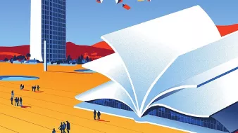 L'image représente une scène futuriste et graphique, avec un grand livre ouvert qui semble flotter ou être intégré dans le paysage. À l'arrière-plan, on peut distinguer un bâtiment moderne et élancé, probablement une bibliothèque ou un centre culturel. Le ciel est d'un bleu vif, tandis que le sol arbore des teintes de jaune et orange, créant une ambiance chaleureuse. Des silhouettes de personnes se déplacent autour, ajoutant une dynamique à la composition. Des éléments colorés semblent s'élever dans l'air, évoquant des idées de créativité et de connaissance en liberté.