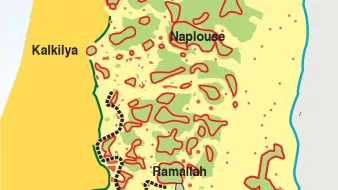 L'image est une carte représentant la région de la Palestine, mettant en évidence différentes zones et éléments liés à la présence israélienne. Elle montre : - Les zones A et B, qui sont des territoires administrés respectivement par les Palestiniens et conjointement avec les Israéliens. - Les colonies israéliennes, indiquées par des zones colorées. - Les cordons de sécurité établis par les forces israéliennes autour des principales villes palestiniennes, ainsi que les points de contrôle israéliens. - Le mur de sécurité israélien, avec des sections déjà construites et d'autres en projet. Cette carte illustre les complexités géopolitiques de la région et les tensions entre les populations israélienne et palestinienne.