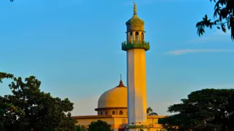 L'image montre un minaret d'une mosquée, qui s'élève majestueusement contre un ciel bleu clair. Le minaret, de couleur claire, présente une colonnade verte au sommet, et un dôme arrondi se trouve à proximité. Des arbres verdoyants entourent la mosquée, ajoutant une touche de nature à la scène paisible. L'ensemble dégage une atmosphère sereine, typique des lieux de culte.