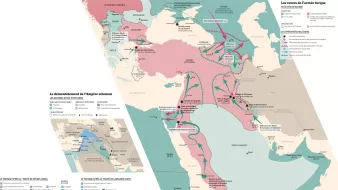 Cette image représente une carte historique, probablement liée au démantèlement de l'Empire ottoman. Elle affiche différentes zones géographiques en utilisant des codes de couleurs pour indiquer les territoires et les influences de puissances étrangères. On peut y voir des flèches qui symbolisent les mouvements militaires ou politiques. Il y a également des encadrés en bas à gauche qui fournissent des informations supplémentaires sur les événements ou les accords importants liés à cette période, ainsi que des légendes explicatives. Cette carte illustre les changements territoriaux et les luttes de pouvoir dans la région durant cette époque.
