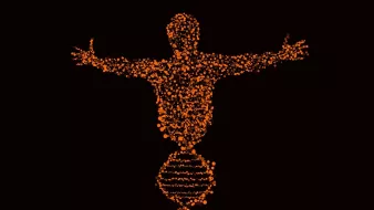 L'image représente une silhouette humaine stylisée, composée de nombreux points lumineux orange. Cette silhouette est placée au-dessus d'une double hélice, semblable à celle de l'ADN, également formée de points lumineux. Le fond est noir, ce qui met en évidence les couleurs vives de la silhouette et de la structure de l'ADN. Les bras de la silhouette sont ouverts, suggérant une posture d'accueil ou de libération. L'ensemble évoque des thèmes de biologie, de génétique et de connexion entre l'humain et la science.