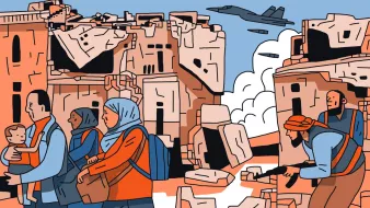 L'image représente une scène de conflit et de détresse. On y voit un groupe de personnes, dont une femme portant un enfant, en train de marcher à travers des ruines. Ils semblent fuyants, avec des expressions préoccupées. À l'arrière-plan, des bâtiments en désordre et détruits montrent les conséquences de la guerre. On aperçoit également un avion militaire au ciel, ajoutant à l'ambiance de tension. Une autre personne est armée, surveillant les environs. La palette de couleurs évoque un sentiment de désolation et de gravité.