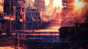 L'image montre un paysage apocalyptique, où des bâtiments en ruine s'élèvent sous un ciel teinté de couleurs chaudes, annonçant un coucher de soleil. Les structures sont dévastées, laissant entrevoir des débris et une atmosphère de désolation. Au premier plan, une silhouette d'enfant se tient, semblant contempler cette scène de destruction, tandis qu'un chemin inondé s'étend devant lui. L'ensemble véhicule une mélancolie profonde et une réflexion sur la perte et l'abandon.