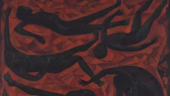 Cette image représente une composition artistique abstraite avec des silhouettes humaines. Les figures, dessinées en noir, sont disposées de manière dynamique sur un fond rouge vibrant. Leurs poses évoquent le mouvement et l'interaction, tandis que le contraste entre les silhouettes sombres et l'arrière-plan lumineux crée une forte impression visuelle. Les formes géométriques dans le fond ajoutent une dimension supplémentaire à l'œuvre, renforçant son caractère expressif et émotionnel.