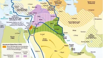 L'image est une carte historique du Moyen-Orient, illustrant les accords de Sykes-Picot signés en 1916. Elle montre les zones d'influence et de protection des puissances européennes, notamment la France et la Grande-Bretagne, après la Première Guerre mondiale. On y voit différentes régions colorées, représentant les territoires protégés, les empires et les limites de l'Empire ottoman en 1914. Des annotations trouvent des dates importantes et des informations concernant la division géographique des territoires dans la région.