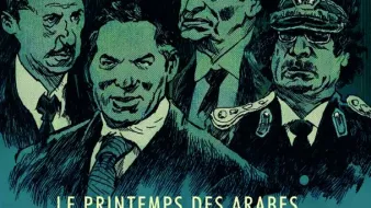 L'image présente une couverture de bande dessinée intitulée "Le printemps des Arabes". On y voit au-dessus des personnages stylisés qui semblent représenter des leaders ou figures politiques, avec des expressions sérieuses. En bas, des personnages sont représentés interagissant avec un tank, symbolisant probablement le mouvement populaire ou des luttes sociales. Le tout est illustré dans un style graphique accentué, avec des couleurs sombres et des traits distincts. Les noms "Jean-Pierre Filiu" et "Cyrille Pomes" sont mentionnés, suggérant qu'ils sont les auteurs de l'œuvre.