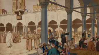 L'image représente une scène animée dans une cour, probablement d'une mosquée ou d'un lieu de culte. On peut voir des groupes de personnes assises sur des tapis, lisant des livres ou discutant, tandis que d'autres se déplacent dans l'espace. L'architecture environnante est ornée, avec des arches, des colonnes et des motifs décoratifs. Des vêtements traditionnels sont portés par les personnages, reflétant une allure culturelle riche. L'ensemble dégage une atmosphère de sérénité et de communauté.